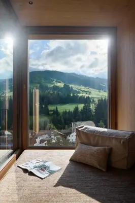 a living room with a large window with a view at Badia Hill in Badia