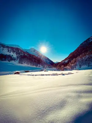 a snow covered field with the sun in the background at Villa Silvia in Naz-Sciaves