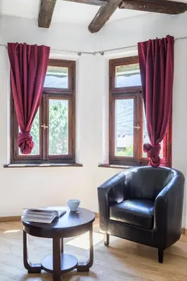 a black leather chair in a living room with windows at Villa Anita Rooms in Bolzano