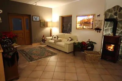 a living room with a couch and a fireplace at Garni Miravalle in Moena