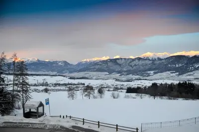 a snowy field with a fence and mountains in the background at Hotel Villa Argentina Ronzone in Ronzone