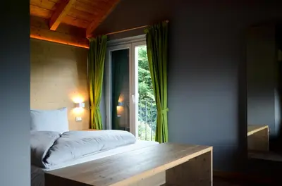 a bedroom with a bed and a window at Hotel Villa Argentina Ronzone in Ronzone