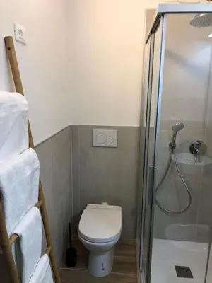 a small bathroom with a toilet and a shower at Paradise Dolomiti flat in Falcade