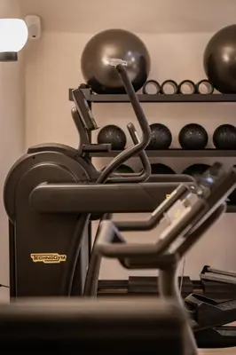 a gym with weights on top of a treadmill at ADLER Historic Guesthouse in Bressanone