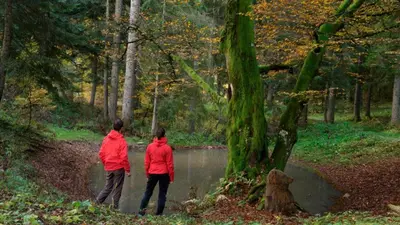 two people in red jackets walking through a forest at Casa Lucia in Mezzano