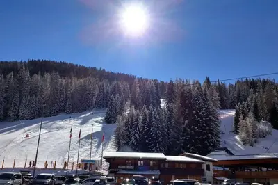a parking lot with snow covered trees and a ski slope at Piccola Suite sul Civetta in Colle Santa Lucia