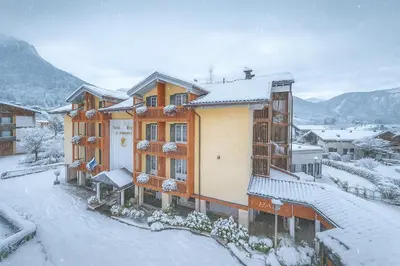 a group of buildings with flowers in the courtyard at Hotel Relais Orsingher in Fiera di Primiero