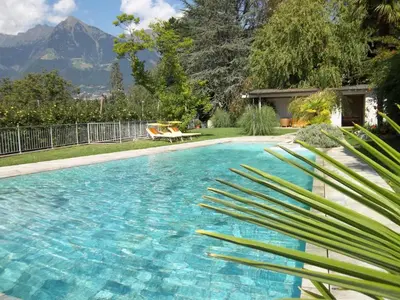a swimming pool with a view of a mountain at Hotel Pension Verdorfer in Merano