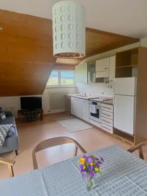 a kitchen with a table with a vase of flowers on it at Schönhuberhof Apartment Panoramablick in Brunico
