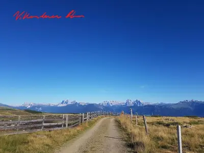 a dirt road in a field next to a fence at Dolomiten View - South Tyrol in Villandro