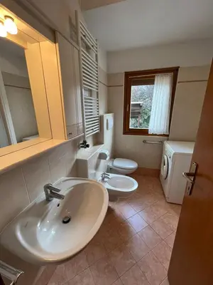 a bathroom with two sinks and two toilets at Dolomitihouse AUNER in Fiera di Primiero