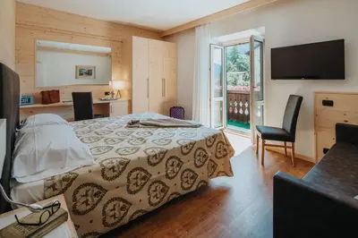 a bedroom with a bed and a tv and a window at Hotel Menardi in Cortina dʼAmpezzo