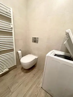 a bathroom with a toilet and a sink at Bright studio apartment with free private parking in Merano
