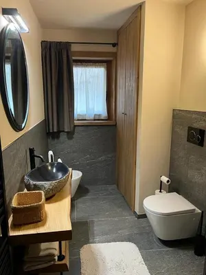 a bathroom with a sink and a toilet at Remina Dolomiti house in Tonadico
