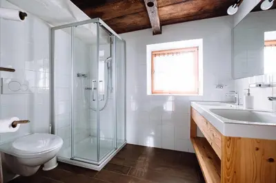 a bathroom with a shower and a toilet and a sink at Mountain house Ebner in Selva dei Molini