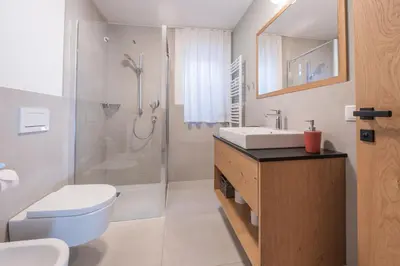 a bathroom with a shower and a toilet and a sink at BioTop Appartement Kronplatz in Perca