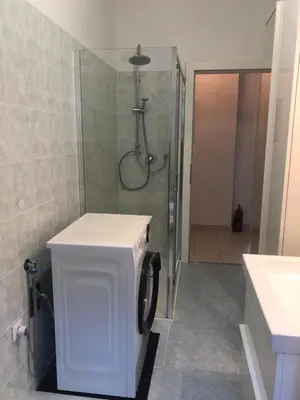 a washing machine in a bathroom with a shower at Guesthouse Gigli 2 - Free Tourist Card & car parking - no trucks in Bolzano
