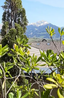 a roof of a building with a mountain in the background at LAnJA ihr besonderes Urlaubszuhause in Lagundo