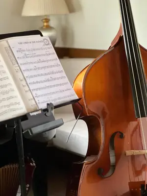 a violin with a sheet of music on it at Ameiserhof Guesthouse in Collalbo