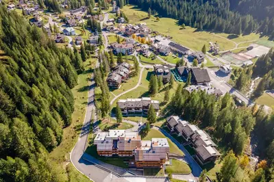 an aerial view of a resort in the mountains at Petit Arnica in Selva di Cadore
