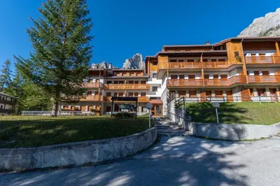 a large building with a tree in front of it at Petit Arnica in Selva di Cadore