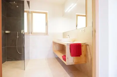 a bathroom with a sink and a shower at Wolfhof_Ritten in Auna di Sopra