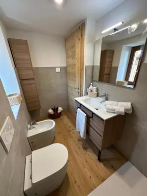 a bathroom with a white toilet and a sink at Casa Felice in Caviola