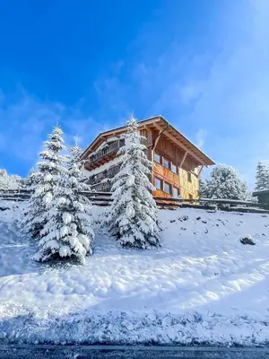 a log cabin in the snow with two christmas trees at Luxury Chalet Liosa - Ski in Ski out - Amazing view in Corvara in Badia