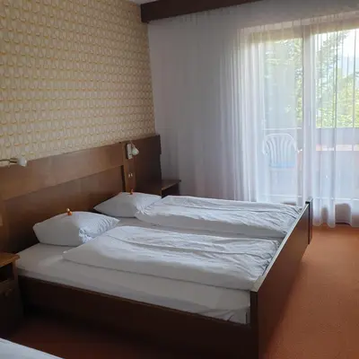 a bedroom with two beds and a window at Pension an der Mayenburg in Vollan