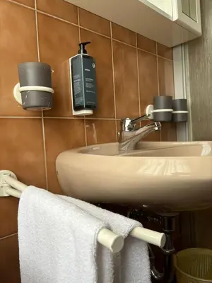 a bathroom with a sink and two cups on the wall at Hotel Miravalle in Imer