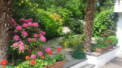 a garden with colorful flowers and a tree at Hotel Maximilian in Merano