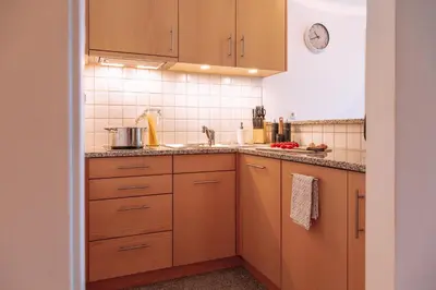 a kitchen with wooden cabinets and a sink at Pool House Merano in Merano