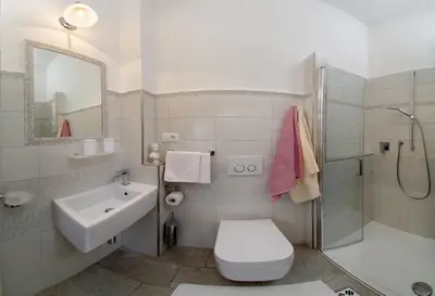 a bathroom with a toilet and a sink and a shower at Garni Villa Tyrol - Adults Only in Merano