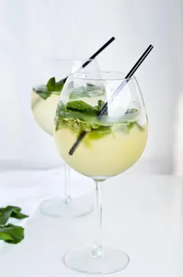 two wine glasses filled with a green drink at Garni Villa Tyrol - Adults Only in Merano