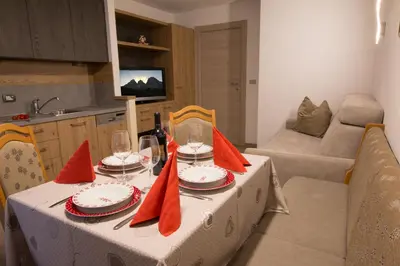 a kitchen with a flat screen tv on a wall at Residence Villa Artic in Campitello di Fassa