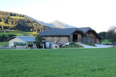 a barn in a field with a green field at Ferienwohnungen Bulandhof in Valdaora