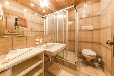 a bathroom with a sink and a toilet at Oberwirtshof in Rifiano