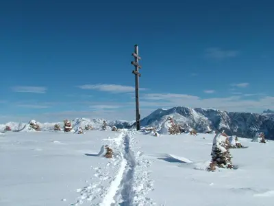 a snow covered field with a pole in the snow at Rastlhof in Meltina