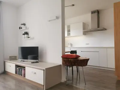 a living room with a tv and a table with a chair at Charmante Wohnung in Zentrum von Nals in Nalles