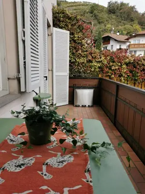 a balcony with a table and plants on it at Charmante Wohnung in Zentrum von Nals in Nalles