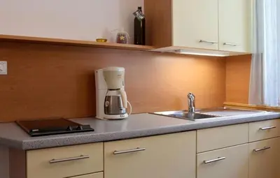 a kitchen counter with a coffee maker and a sink at Millenniumshof in Caldaro