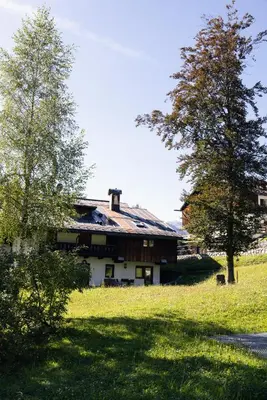 a house in a field with trees in front of it at Casa Betulla in Cortina dʼAmpezzo