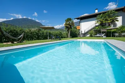 a blue swimming pool in front of a house at Appartements Kreuzwegerhof in Lana