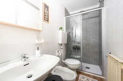 a bathroom with a sink and a toilet and a shower at Cesa Alpes 3 in Campitello di Fassa