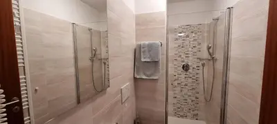 a bathroom with a walk in shower and a glass shower stall at Cesa Fortunato in Canazei