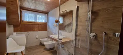 a bathroom with a shower and a toilet and a sink at Cesa Fortunato in Canazei