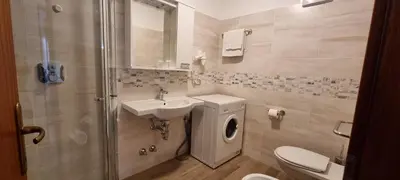 a bathroom with a sink and a toilet and a shower at Cesa Fortunato in Canazei