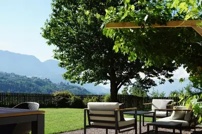 a group of chairs and tables under a tree at Villa Vitis in Rifiano