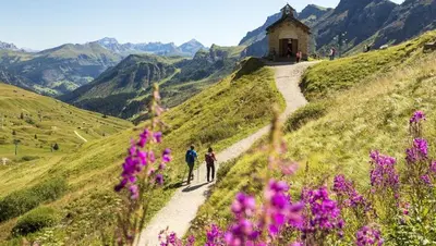 two people walking down a path on a mountain with flowers at Appartamento Césa Ines in Arabba