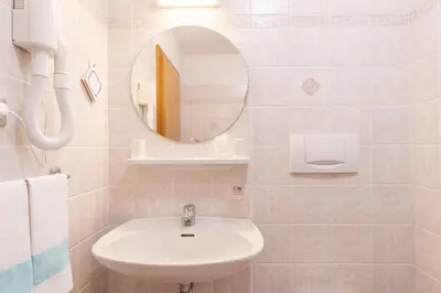 a bathroom with a sink and a mirror at Albergo Canazei in Canazei